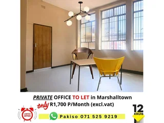R1700 P/month Private , Modern Office To Let  Marshalltown** Free Desk & Chair