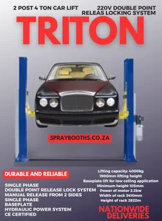 Triton 2 Post Car Lifts (with Base) 4-ton 220v Double Point Release Locking System.