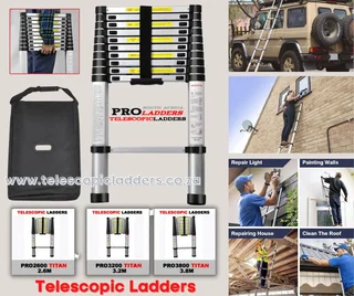 Extendable Telescopic Ladders 3.8m, 3.2m and 2.6m available. Pro ladders.