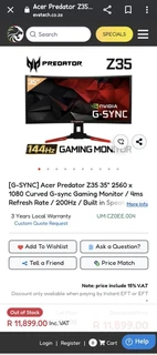 Acer Predator Z35 35-inch Curved Full HD (2560 x 1080) NVIDIA G-Sync Monitor , 144Hz, 2x9w speakers