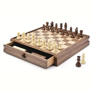 Luxury Walnut Chess Set with Checkers Pieces, Drawer, Velvet underneath