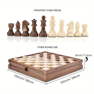 Luxury Walnut Chess Set with Checkers Pieces, Drawer, Velvet underneath