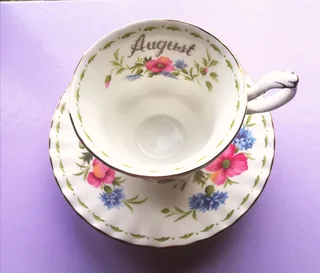 August Pink Poppy Cup And Saucer Royal Albert Flower Of The Month 1970's.