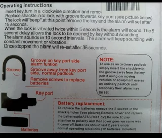 Alarm Security Lock with  movement and shock sensor, activates 110 Db alarm siren!