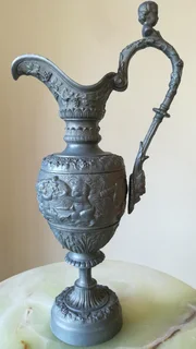 Rare Antique very decorative Pewter Wine Carafe/Jug with Angel and Mask Sculptures