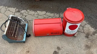 Antique Bread Box & Vintage Dustbin & Heater.