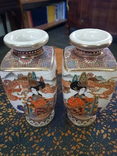 Antique Pair of Meiji Japanese Satsuma Geisha Vases ~ Circa 1603 -1868