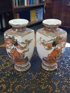 Antique Pair of Meiji Japanese Satsuma Geisha Vases ~ Circa 1603 -1868