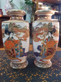 Antique Pair of Meiji Japanese Satsuma Geisha Vases ~ Circa 1603 -1868