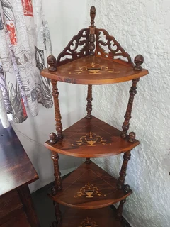 Antique Victorian inlaid figured walnut corner whatnot.