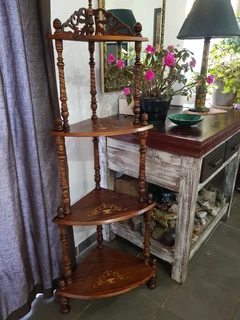 Antique Victorian inlaid figured walnut corner whatnot.