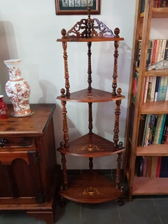 Antique Victorian inlaid figured walnut corner whatnot.