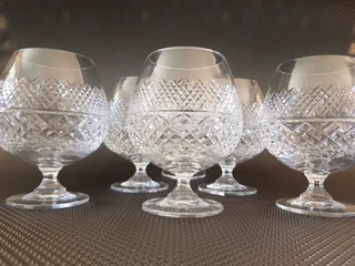 Set of 6 Hand Cut Lead Crystal Vintage Brandy Glasses - High Quality Brandy Balloon Glasses.
