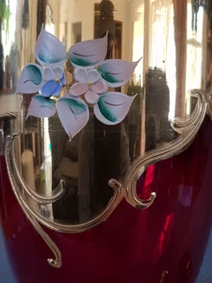 .Vintage Venetian Hand Made Ruby Red Murano Glass, Set of Three 24K Gold Leaf - Red Porcelain Flower