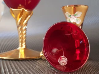 .Vintage Venetian Hand Made Ruby Red Murano Glass, Set of Three 24K Gold Leaf - Red Porcelain Flower