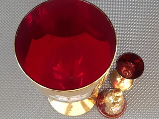 .Vintage Venetian Hand Made Ruby Red Murano Glass, Set of Three 24K Gold Leaf - Red Porcelain Flower
