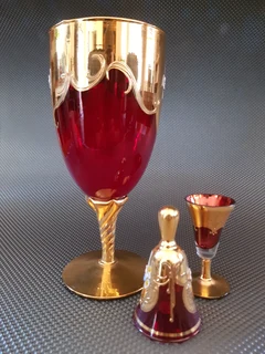 .Vintage Venetian Hand Made Ruby Red Murano Glass, Set of Three 24K Gold Leaf - Red Porcelain Flower