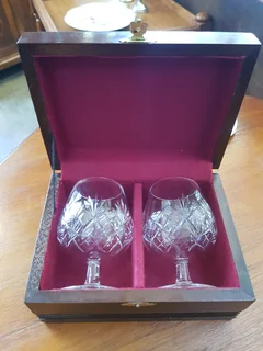 Pair of Somerset Crystal Brandy Goblets in Wooden Presentation Case.