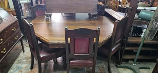 Imbuia Octagonal Dining Table + 6 x Edwardian Mahogany Carved Chairs