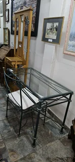 Wrought-iron Glass-top Console Table and Chair SET