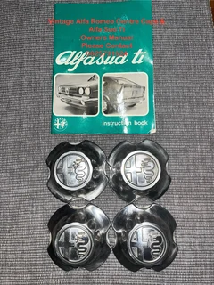 Vintage Alfa Romeo Centre Caps x 4 in Stainless Steel &amp; Owners Manual for Alfa Sud - Excellent