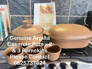 Argilla casserole pots x 2 with lids &amp; 3 ramekins genuine argilla excellent