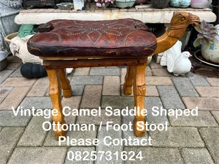 Camel Saddle Shaped Ottoman / Footstool - Leather Cushion on Wood Frame - Good Condition