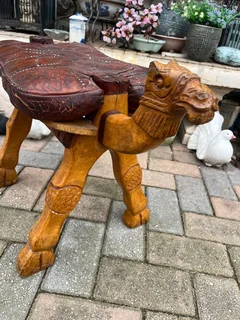 Camel Saddle Shaped Ottoman / Footstool - Leather Cushion on Wood Frame - Good Condition