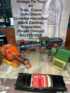 Vintage Tin Toys x 4 -Train, Crane, Combine Harvester &amp; Cadillac Convertible Car -Good -Delivery
