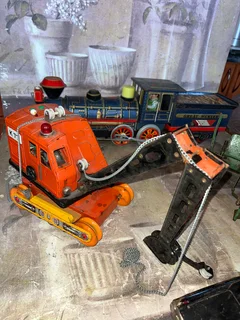 Vintage Tin Toys x 4 -Train, Crane, Combine Harvester &amp; Cadillac Convertible Car -Good -Delivery