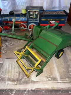 Vintage Tin Toys x 4 -Train, Crane, Combine Harvester &amp; Cadillac Convertible Car -Good -Delivery