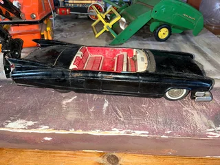 Vintage Tin Toys x 4 -Train, Crane, Combine Harvester &amp; Cadillac Convertible Car -Good -Delivery