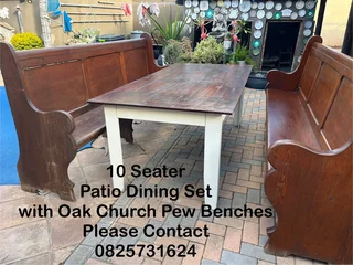 Patio Dining Set - 10 Seater with Oak Church Pew Benches - Excellent - Delivery Arranged