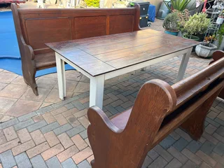 Patio Dining Set - 10 Seater with Oak Church Pew Benches - Excellent - Delivery Arranged