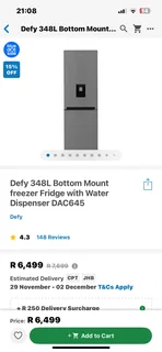 Fridge Freezer -Brushed Silver Defy 348 litres (medium) with Water Dispenser -Excellent -Guarantee