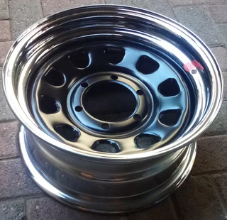 Brand new 15x7J 6x139pcd black/chrome steel rims for bakkies and Quantum.