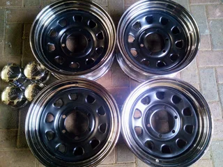 New 15" black/chrome steel rims with  to fit bakkies, 4x4's and trailers, 6x139pcd, 6 holes.
