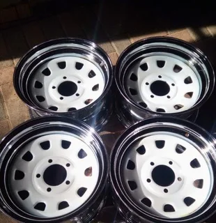 New 14" white steel rims with wide chrome lip to fit caravans and trailers, 5x114pcd, 5 holes.