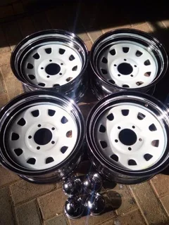 Brand new 14&#34; 5x114 5 hole chrome/white steel rims for older Hilux/ GWM bakkies and  trailers.
