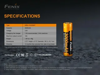 Fenix ARB-L18-3000P 18650 3000mAh 3.6V Protected Lithium Ion (Li-ion) Button Top Battery - ClamShell