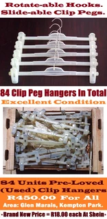 84 Clip (Clamp) Hangers For Pants/Skirts/Trousers/Shorts. Rotate-able Hooks, Slide-able Pegs. Used.