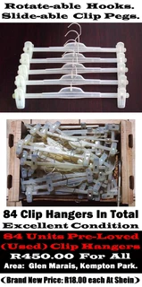 84 Clip (Clamp) Hangers For Pants/Skirts/Trousers/Shorts. Rotate-able Hooks, Slide-able Pegs. Used.