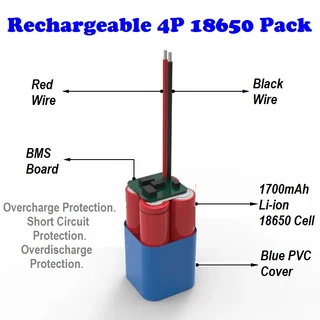 Rechargeable 18650 Battery Pack 3.7V 4-Cells (4P Pack). Light Duty Applications. Brand New Products.