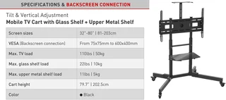 Mobile TV Trolley Tilt, Vertical Adjustment Stand Cart With Wheels And Shelves. Brand New Products.