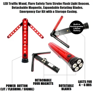 Emergency Warning Traffic Wand Flash Strobe Light, Magnetic, Unfolding Rotating Blades. Brand NEW.