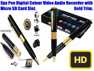 Spy Pen Digital Colour Video Audio Recorder with Micro SD Card Slot. Golden Trim. Brand New Products