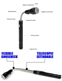 Multifunctional Magnetic Flexi-Telescopic Bendable Pick-Up-Tool LED Torches in Metallic Black. NEW.