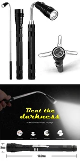 Multifunctional Magnetic Flexi-Telescopic Bendable Pick-Up-Tool LED Torches in Metallic Black. NEW.