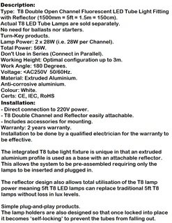 T8 Double Open Channel LED Tube Light Fitting with Reflector 1500mm 5ft 1.5m. Brand New Products.