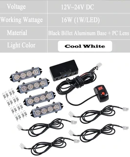 Cool White LED Strobe Flash Grille Bumper Cluster Lights 16LEDs (4x4pces). Brand New Products.